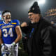 SDSU s fullback Michael Morgan (34) celebrates the win against UAlbany during the FCS semifinals on Friday, Dec. 15, 2023 at Dana J. Dykhouse in Brookings.